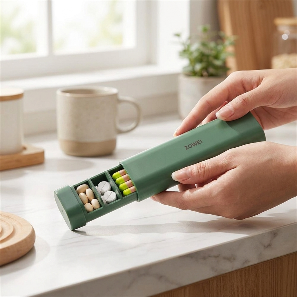 Green weekly pill organiser in use