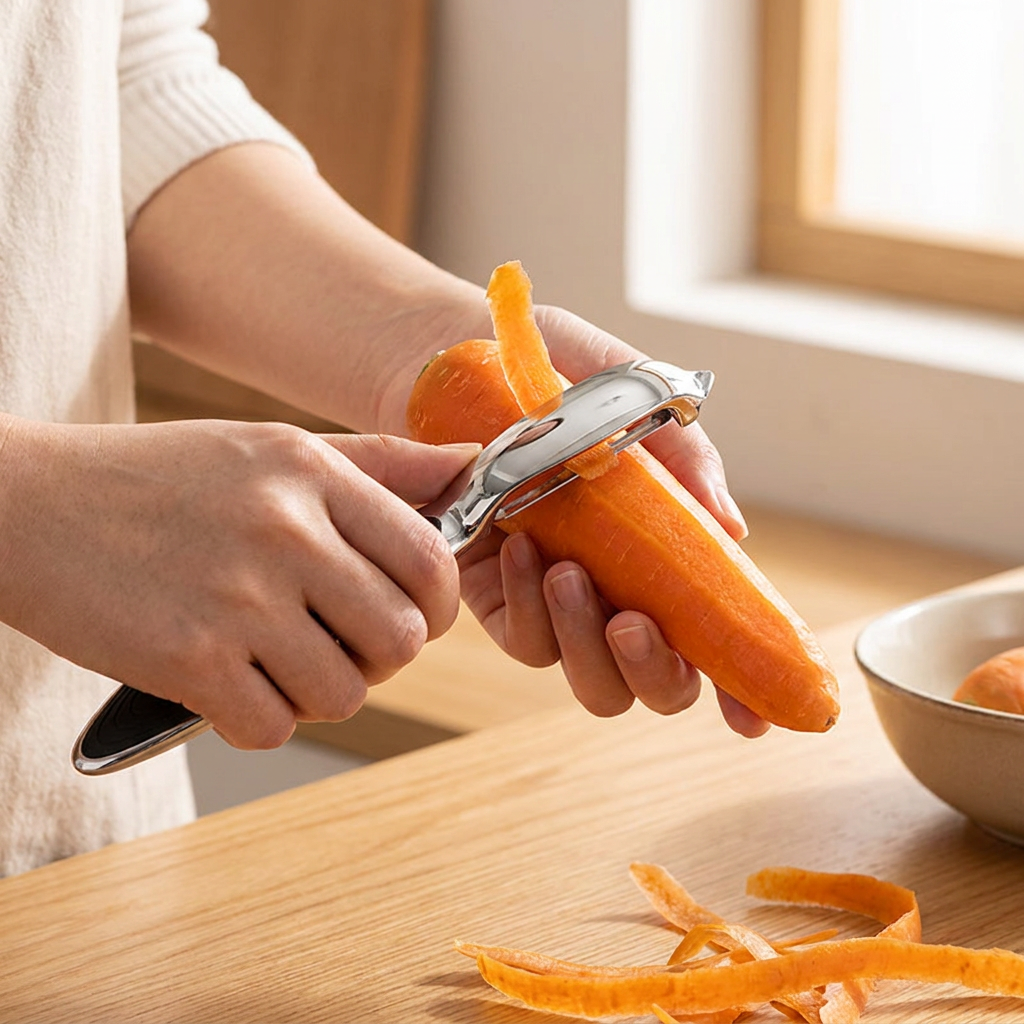 Bowed flat peeler in use