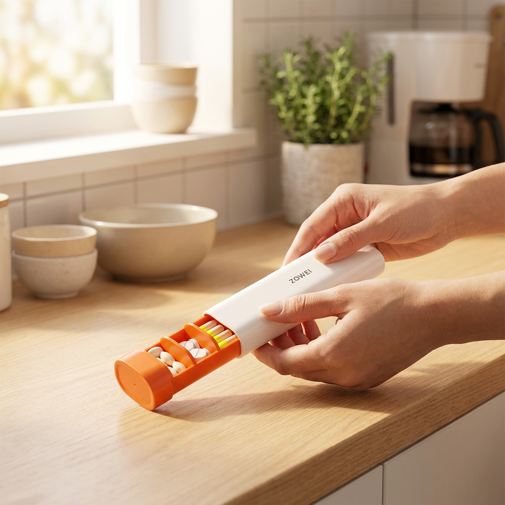 White orange weekly pill organiser in use
