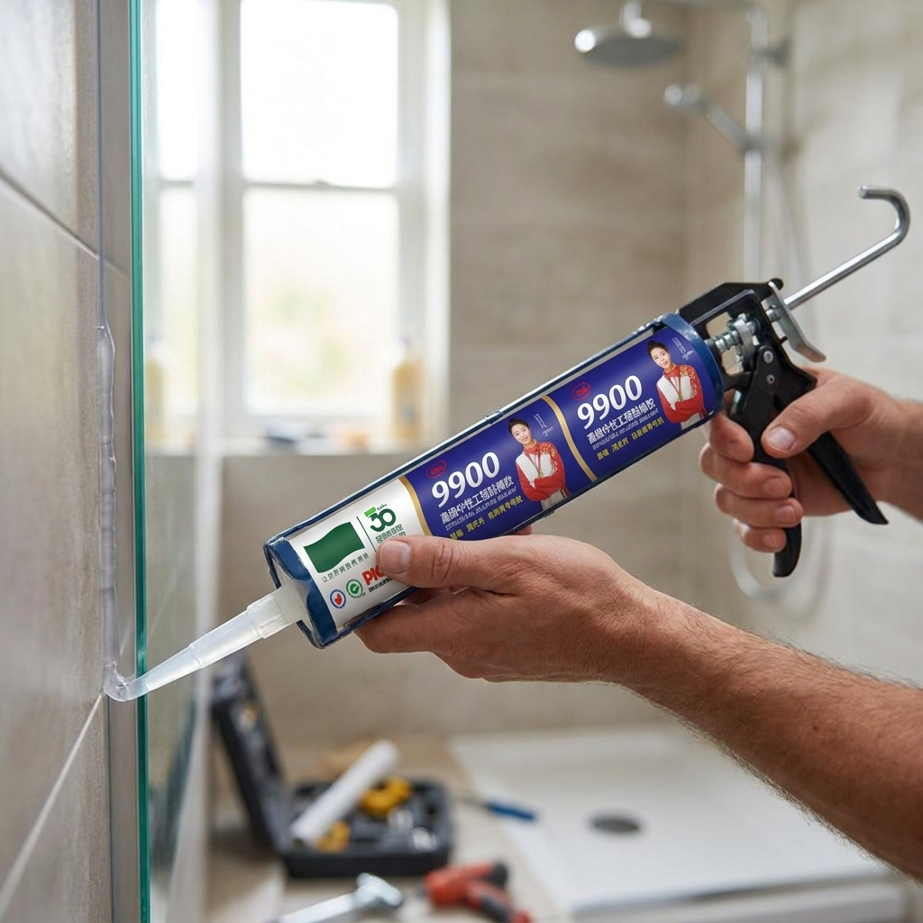 Transparent silicone sealant being applied