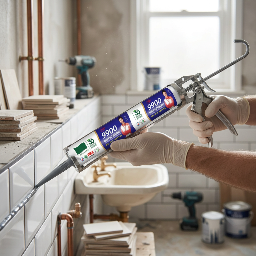 Grey silicone sealant being applied