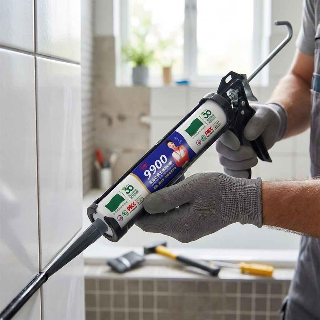 Black silicone sealant being applied