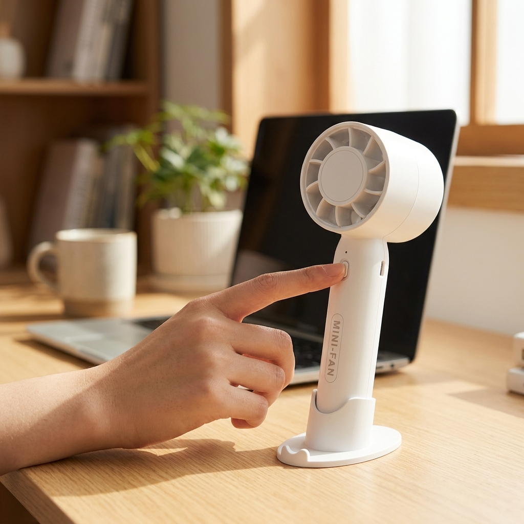 White handheld fan in use