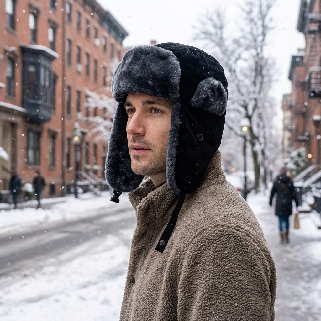 Man wearing black fur bomber hat