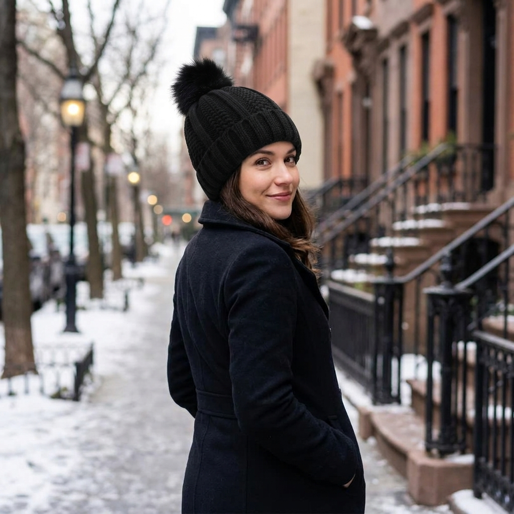 Woman wearing black satin lined beanie