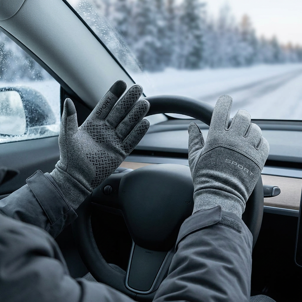 Man wearing grey insulated winter gloves