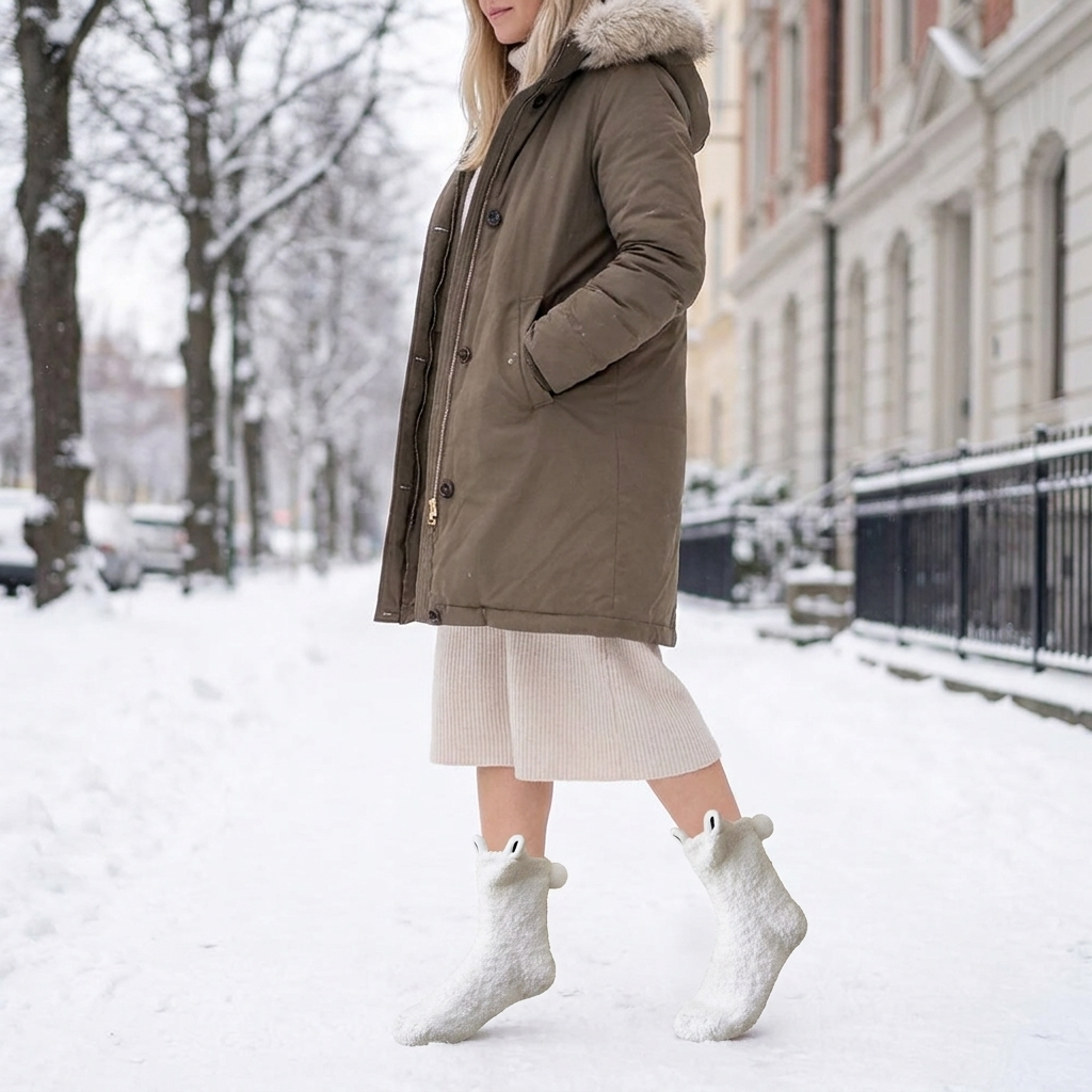 Woman wearing velvet cartoon winter accessory design B
