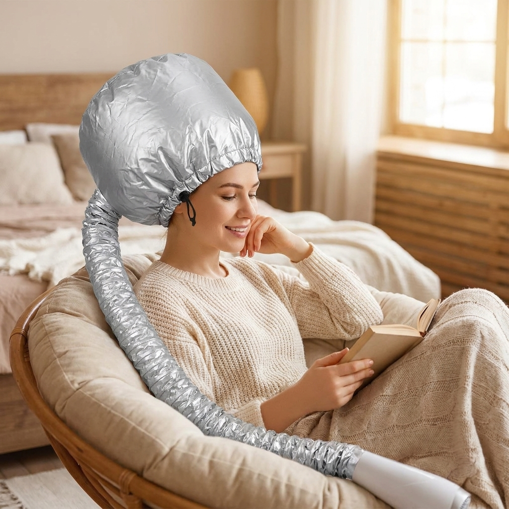 Woman wearing silver bonnet hair dryer cap