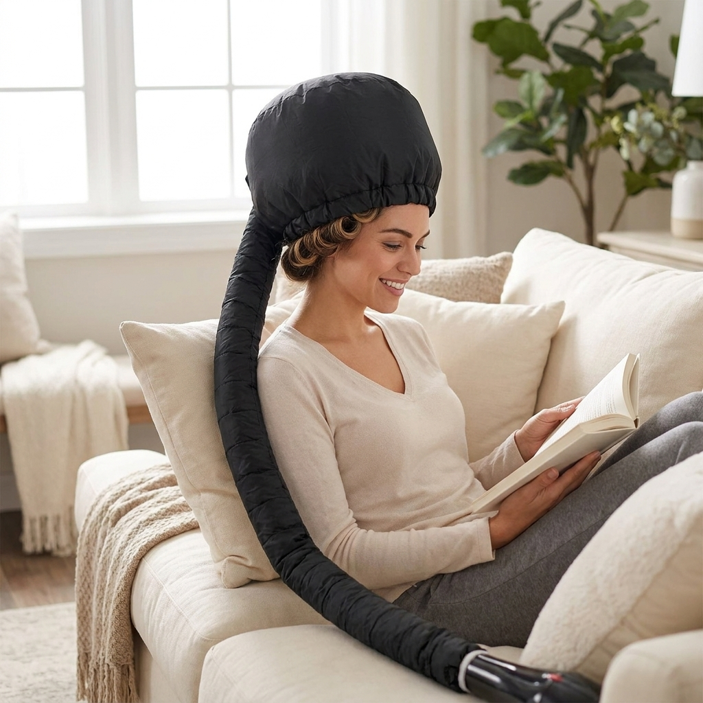 Woman wearing black bonnet hair dryer cap