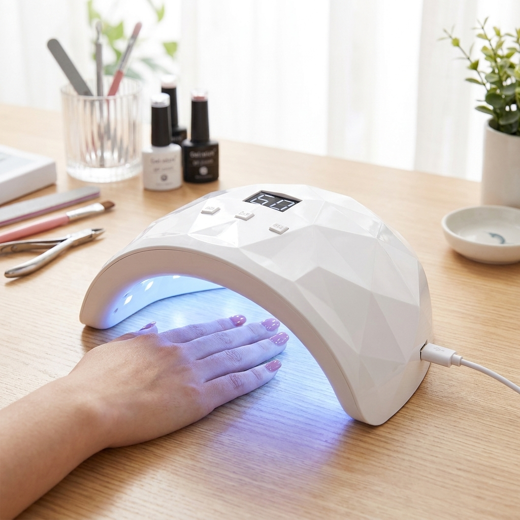 Woman curing nails under digital display lamp