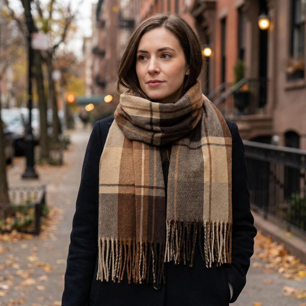 Woman wearing plaid cashmere winter scarf