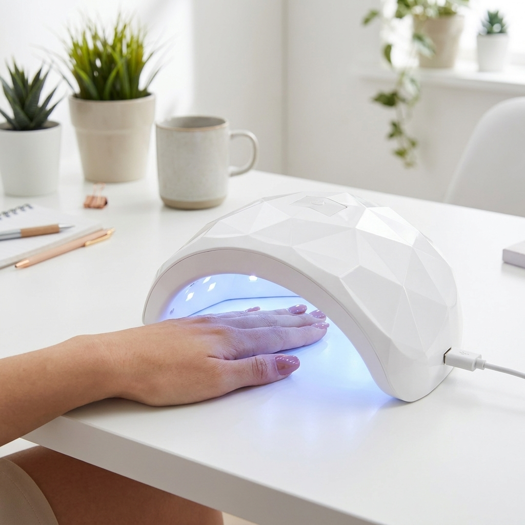 Woman using white nail curing lamp