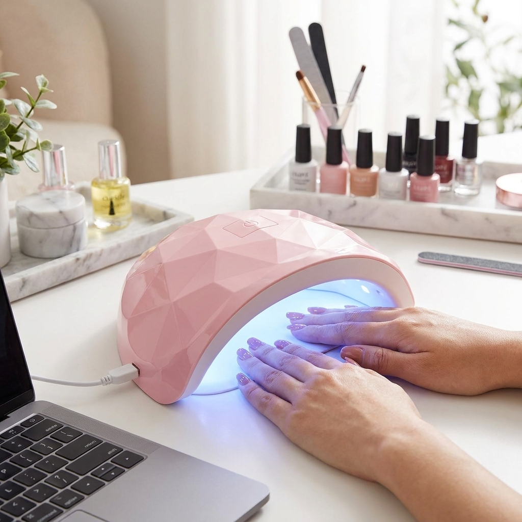 Woman using pink nail curing lamp