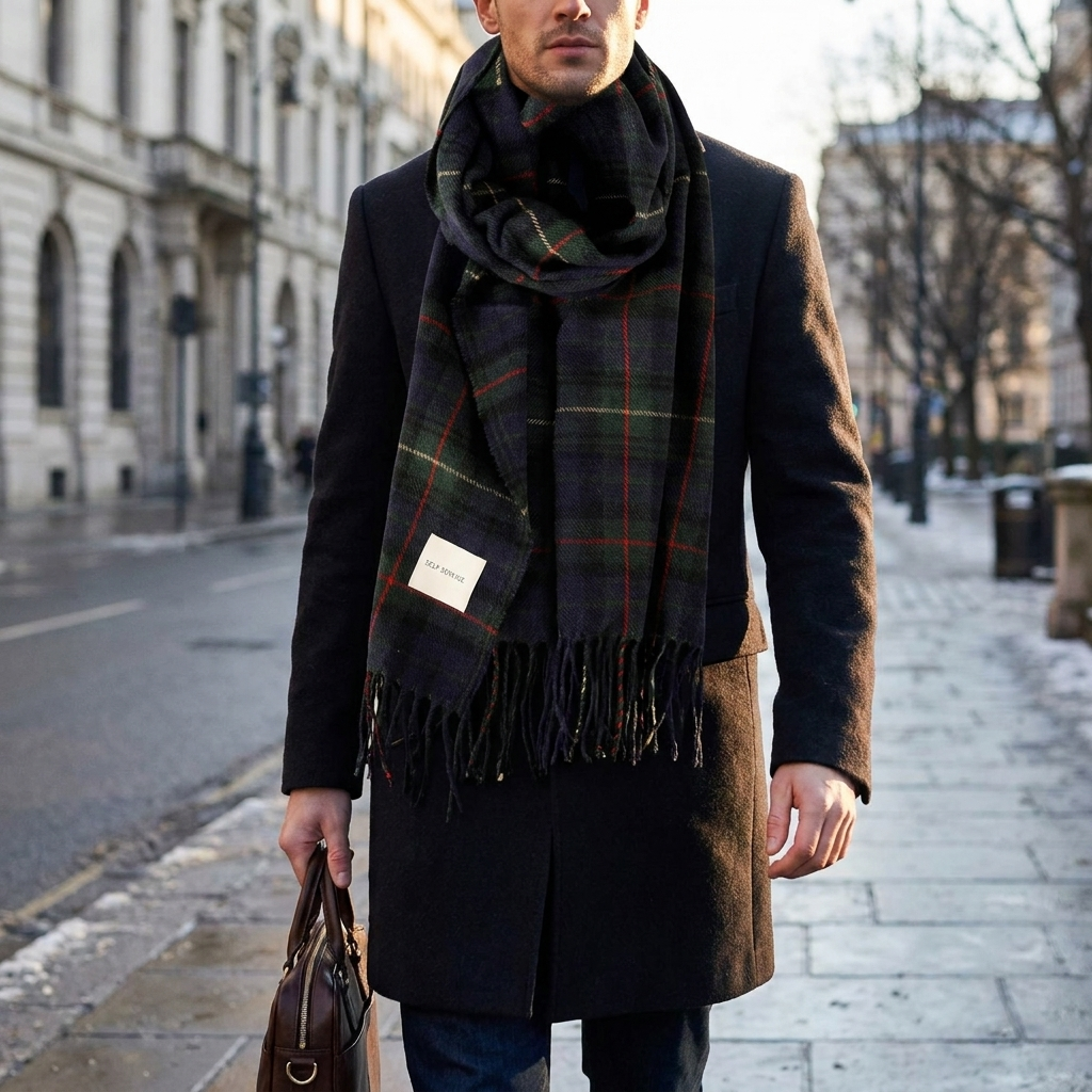 Man wearing check cashmere winter scarf