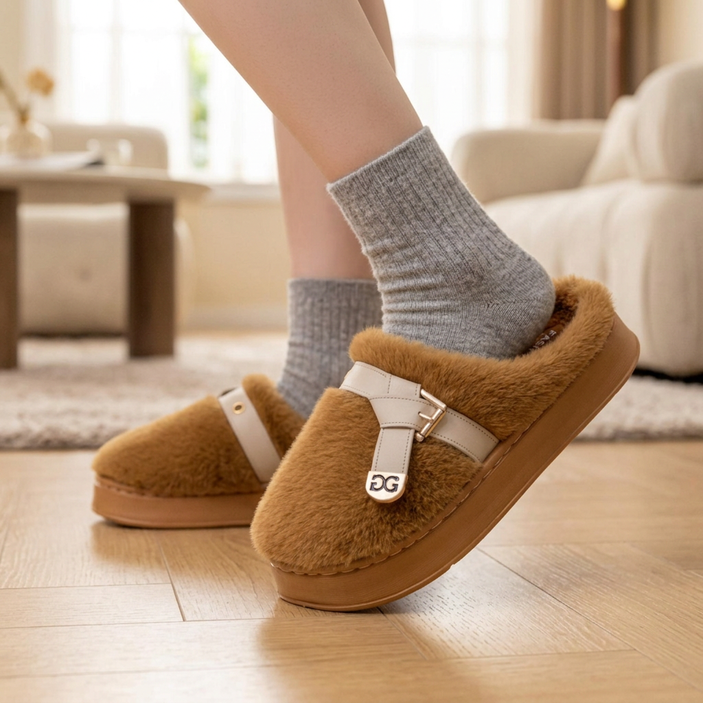 p1 coffee plush slippers worn