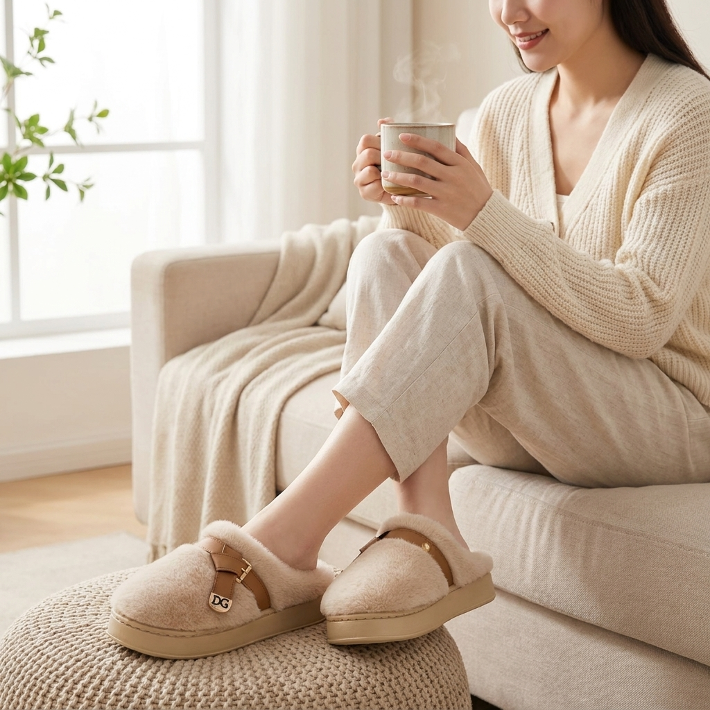 p1 beige plush slippers worn