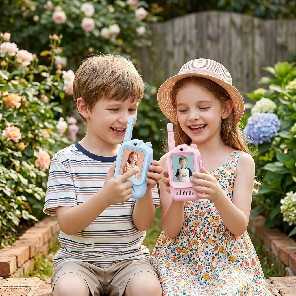 Blue and pink video walkie talkies lifestyle