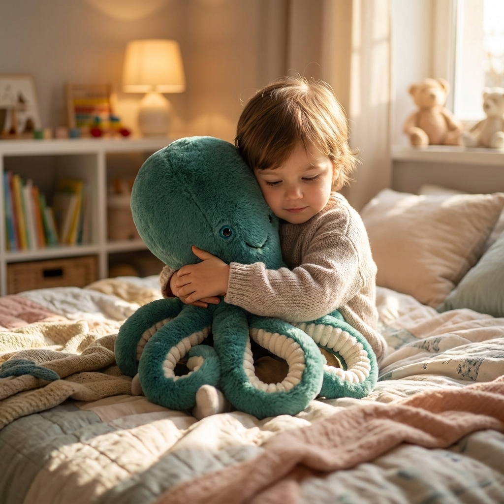 Dark green plush octopus lifestyle