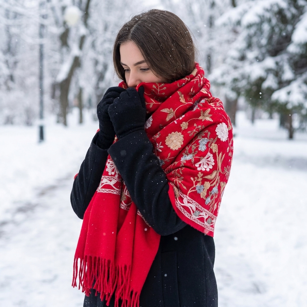 Pashmina scarf red worn
