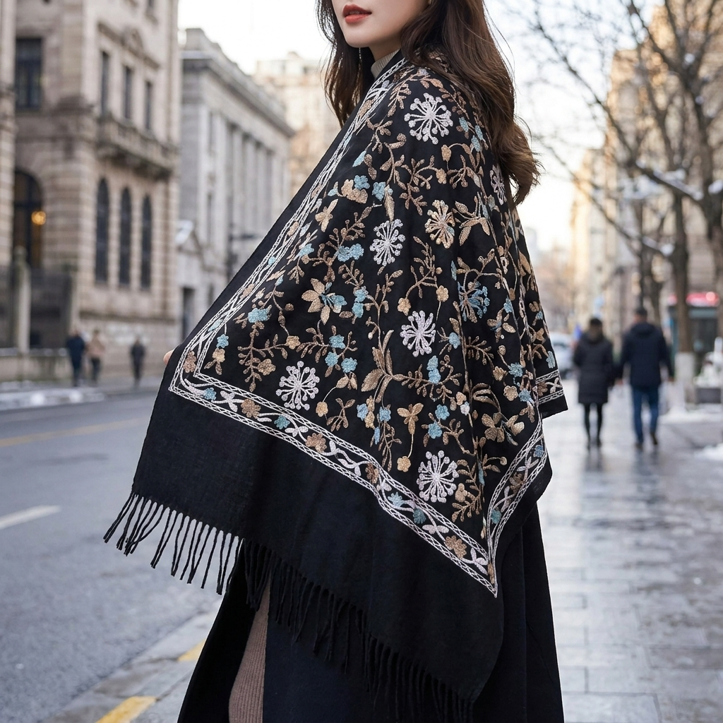 Pashmina scarf black worn