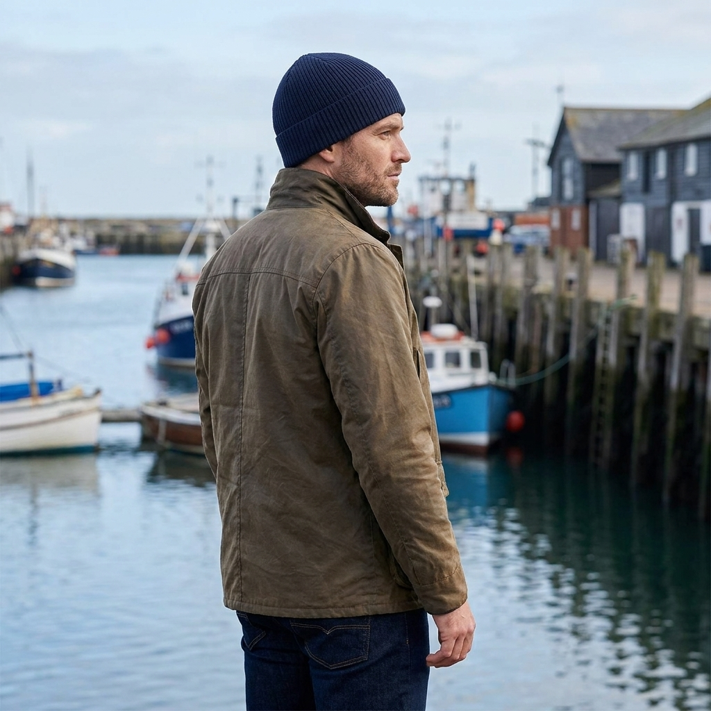 Cotton beanie navy worn