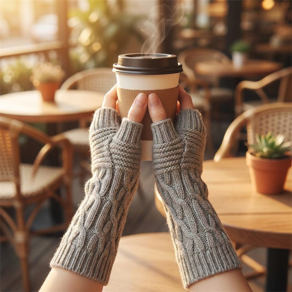 Fingerless knit gloves light grey worn