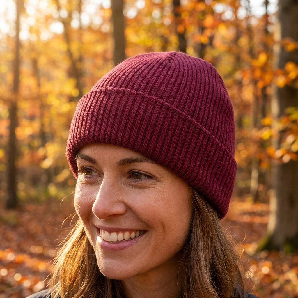 Cotton beanie burgundy worn