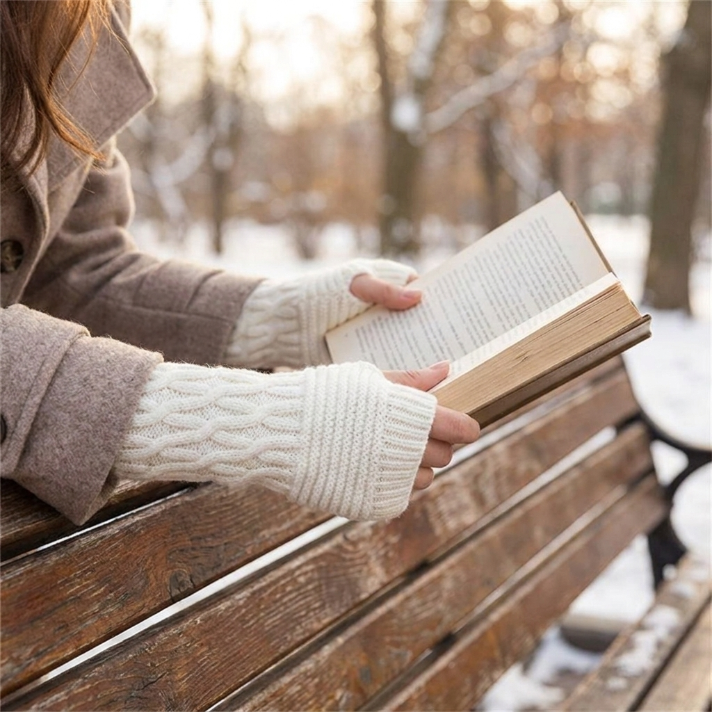 Fingerless knit gloves white worn
