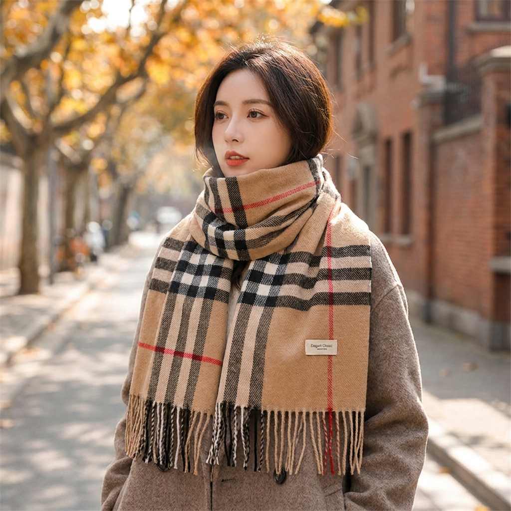 Plaid scarf khaki worn
