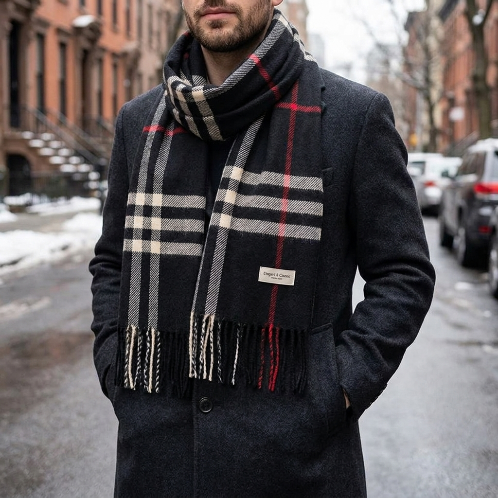 Plaid scarf black worn