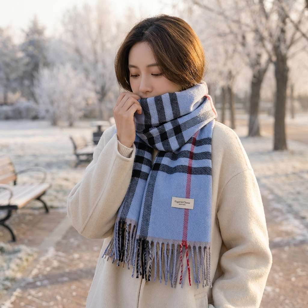 Plaid scarf blue worn